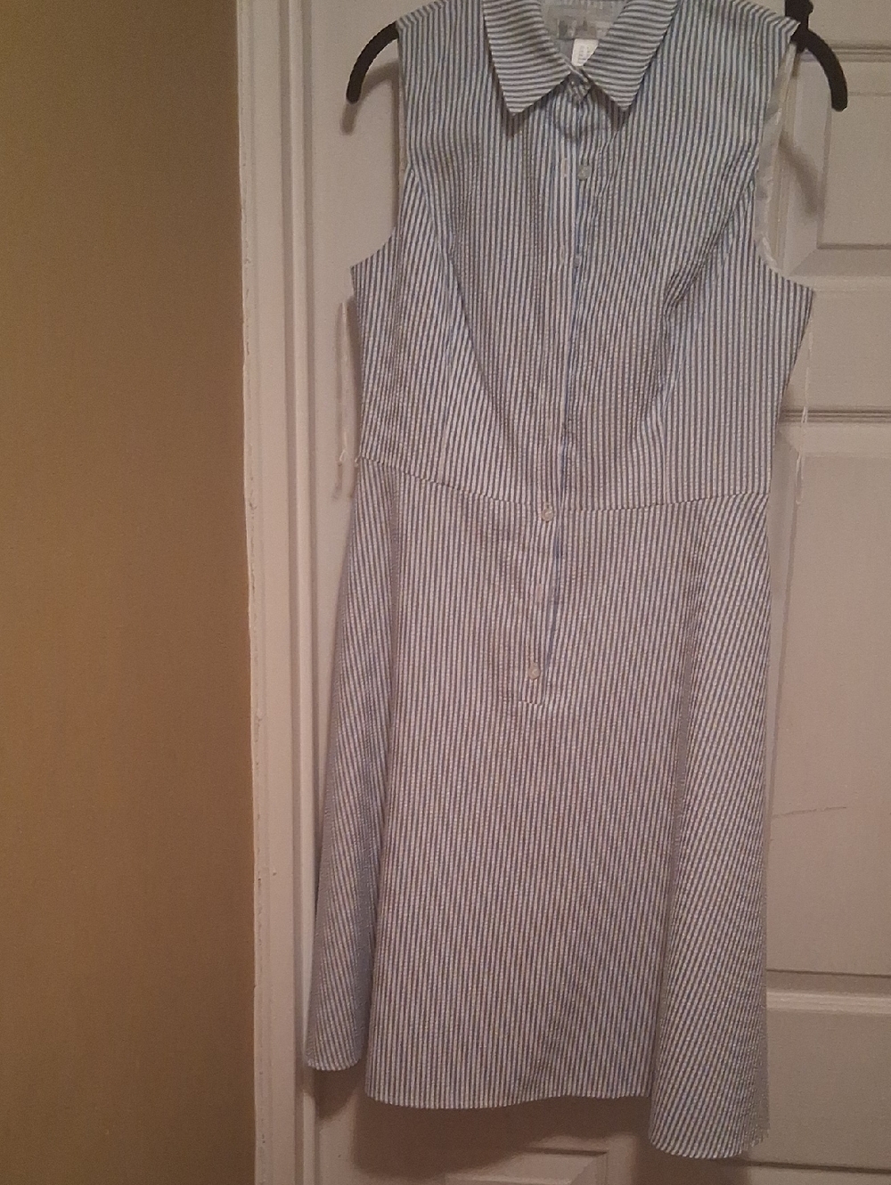London Times Blue and White Striped Seersucker Collared Midi Dress Size 6